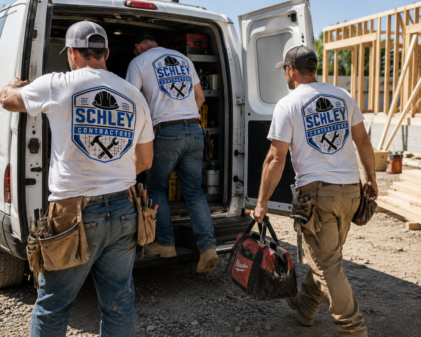 Schley Contractors crew van on a commercial job site